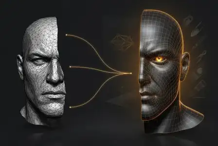 Digital AI head with glowing golden eye and wireframe mesh structure, representing artificial intelligence and neural networks