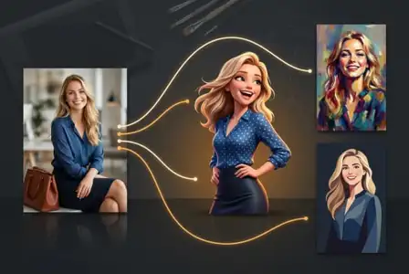 Professional woman in blue polka dot blouse with blonde hair, shown as photo reference and multiple AI-generated digital art portraits with neon glow effect