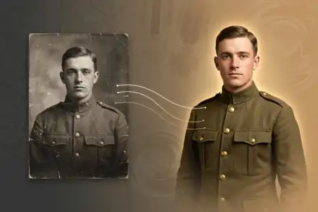 Colorized WWI soldier portrait showing restored vintage military photograph and modern rendition in khaki uniform