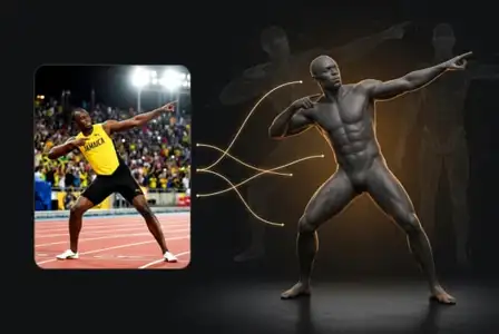 Athletic sprinter in yellow Jamaica uniform compared to digital neon glowing figure in striking pose