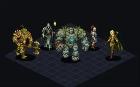 Iso Cycles: five pixel-art heroes (an orc with an axe, a hooded necromancer, a mossy stone golem, an armoured knight and an elf archer) facing different directions on a dark isometric tile floor