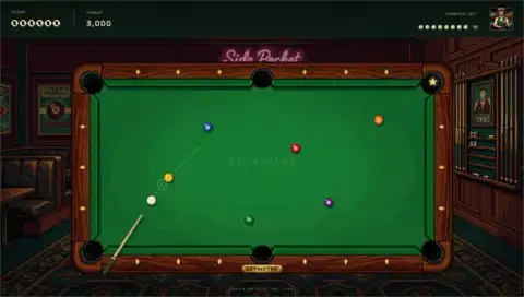 A pixel-art pool table in a moody club, with colored balls and a dotted aiming line
