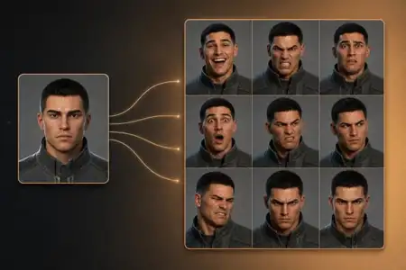 AI-generated facial expression morphing showing man with neutral baseline transforming into nine different emotions including happy, angry, surprised, and sad expressions