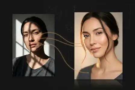 Before and after portrait retouching comparison showing skin enhancement and beauty editing transformation on Asian woman