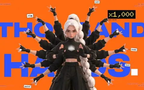 Every Scenario: a 3D cartoon character with a long white bubble ponytail and a thousand gloved arms fanned out behind her, over an orange field with THOUSAND HANDS in blue type passing behind her arms