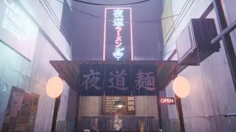 A tiny ramen stand at the end of a rainy alley under a tall pink and cyan neon sign