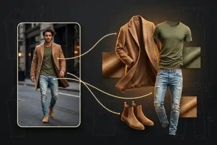 Men's casual outfit styling guide featuring camel blazer, olive t-shirt, distressed jeans, and tan chelsea boots with fabric swatches