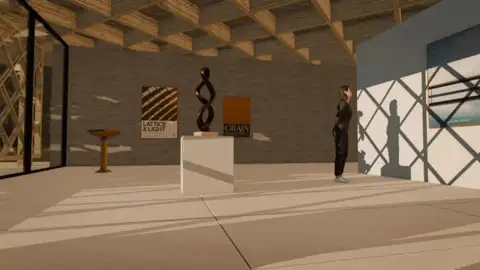 Inside the invented pavilion at golden hour: a visitor studies a lake photograph as the diagrid screen casts diamond shadows across the gallery
