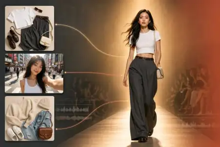 Asian woman wearing white crop top and black wide-leg pants on runway with outfit styling mood board and accessories