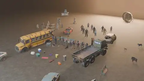 A staged world of generated survivors, wrecked vehicles, companions and loot containers