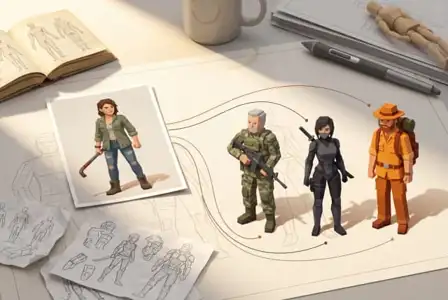 Character design sketches and illustrations of four animated action game characters on designer desk with drawing tools and reference materials