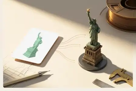 Statue of Liberty 3D model with blueprint sketch, design tools, and architectural sketches on workspace