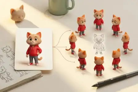 3D animated orange cat character wearing red hoodie in multiple poses and angles, with design sketches and wireframe reference