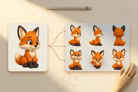Cartoon fox character design sheet showing orange and white fox with different expressions and sitting poses