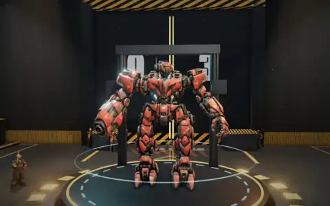 A red armored mecha with a siege cannon arm and a heavy fist standing on a glowing assembly platform inside a dark industrial hangar