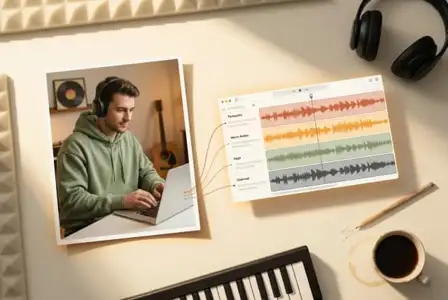 Music producer wearing headphones editing audio waveforms on laptop with DAW software, surrounded by keyboard, coffee, and studio equipment