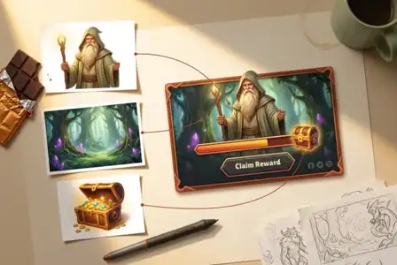 Fantasy game UI design showing wizard character with staff and claim reward button, connected to concept art including enchanted forest and treasure chest