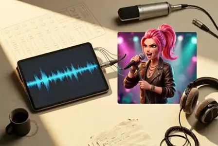 Music production studio workspace with animated female singer character with pink hair, professional microphone, headphones, and audio waveform editor on tablet display
