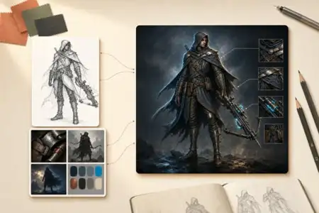 Dark fantasy archer character concept art showing hooded warrior with crossbow, design sketches, and color palette reference on beige workspace