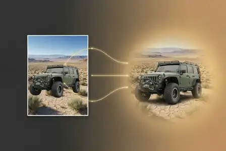 Green Jeep Wrangler with roof rack in arid desert landscape, comparing original and enhanced versions with golden light effects