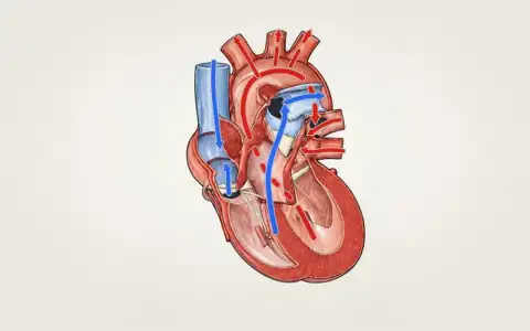 A medical plate of a heart cut through its four chambers, with blue and red arrows showing blood leaving through the pulmonary trunk and the aorta