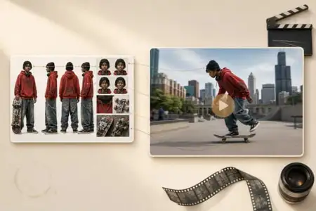 Character design sheet showing skateboarder in red hoodie with multiple poses and angles, connected to film scene of skater on urban rooftop with city skyline background