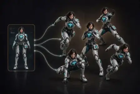 Female sci-fi warrior in white and cyan futuristic armor with glowing chest emblem shown in multiple dynamic action poses against dark background