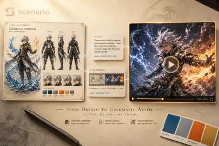 Elemental warrior character sheet with front, side, back views, color palette, and cinematic anime transformation video using AI art generation tools
