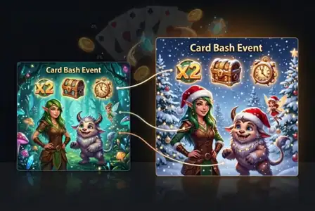 Card Bash Event game interface featuring fantasy elf character with magical creatures, treasure chest, clock symbols, and winter holiday themed design with snow and festive decorations