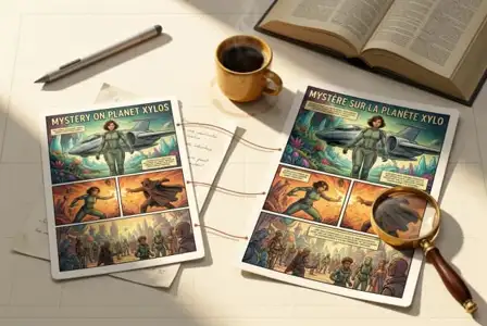 Vintage sci-fi comic books 'Mystery on Planet Xylos' displayed on desk with coffee cup, magnifying glass, and open book