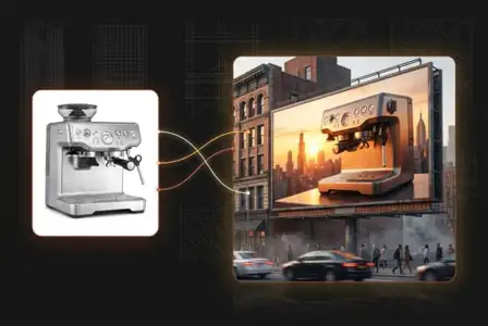 Espresso machine advertisement on NYC billboard with coffee maker product display and city skyline background