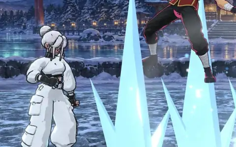 Hibana: Yuki, a silver-haired fighter in white, stands guard as towers of blue ice rise from a frozen pond and launch Ren into the air on a snowy winter-festival stage