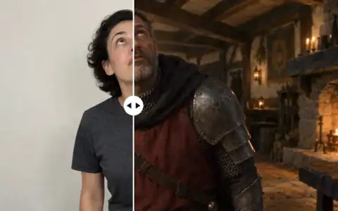 One frame split by the reveal slider: the synthetic stand-in against a plain wall on the left, the painted knight in a candlelit tavern on the right, both looking up at the rafter