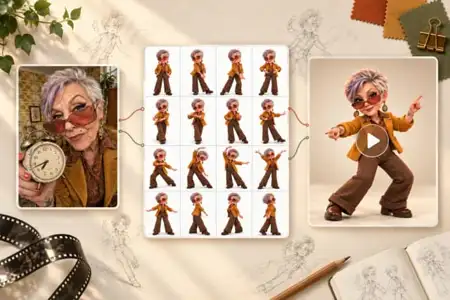 Animated character design sheet of stylish older woman with purple hair, red sunglasses, and retro brown outfit in multiple poses