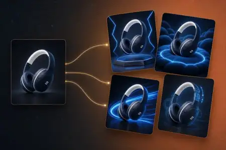 Black and white wireless headphones displayed with neon blue and gold lighting effects on dark background, product showcase design