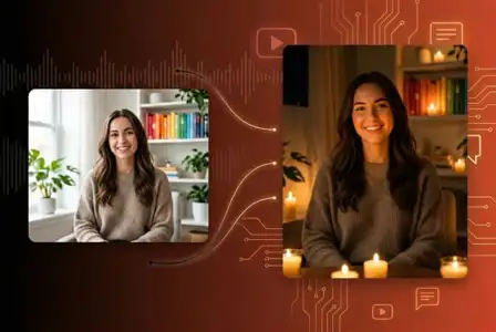 Woman in two video frames showing before bright study and after cozy candlelit setting with warm orange tech interface background