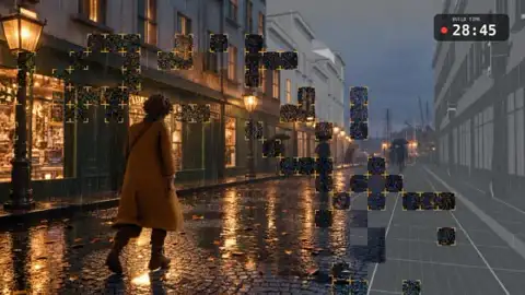 A young woman in a mustard coat walks down a rainy street that is still half grey viewport clay, render buckets sweeping out from her feet, a build clock at 28:45
