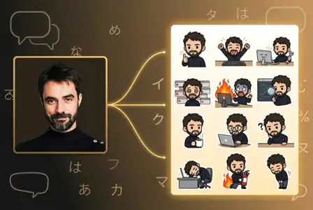 Bearded man with emoji avatar creation sheet showing multiple cartoon expressions including happy, excited, confused, and stressed emotions for character design