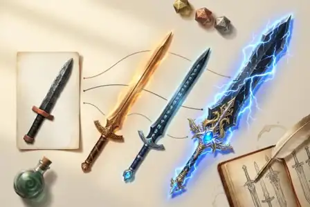Fantasy RPG sword progression showing evolution from basic iron blade to magical lightning sword with ornate details, polyhedral dice, potion bottle, and ancient weapon sketches on parchment.