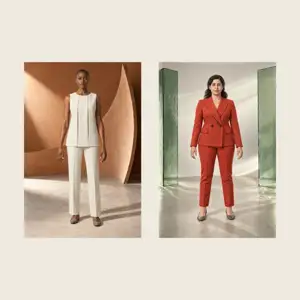 Two complete fashion editorials: Arden in architectural ivory against terracotta, and Sana in vermilion tailoring between sage glass fins.