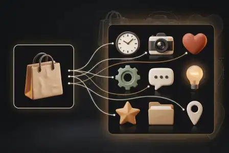 Shopping bag connected to e-commerce icons including clock, camera, heart, gear, chat, lightbulb, star, folder, and location pin on dark background