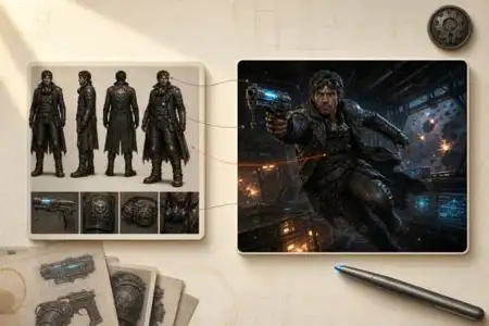 Steampunk character design sheets showing four outfit variations and weapon details with dramatic sci-fi action scene concept art