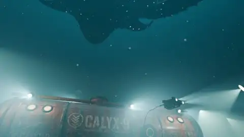 A colossal bioluminescent creature glides over a rusted research station on the sea floor