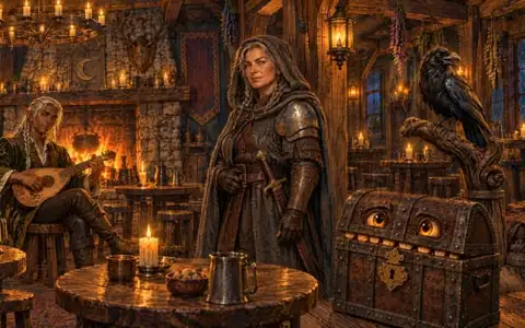 The Babel Tavern by candlelight: an elf bard with a lute by the hearth, a hooded knight, a raven on its perch and a wooden mimic chest with amber eyes