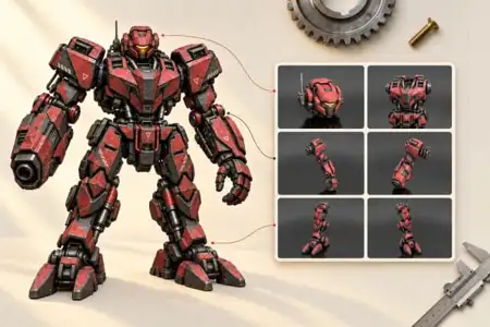Red and black robot mech character design with multiple viewing angles and transformation modes, technical illustration