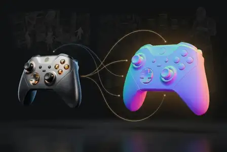Two modern gaming controllers connected by glowing lines on dark background - black metallic controller with gold accents and colorful neon gradient controller with cyan pink purple glow