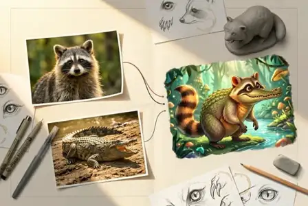 Creative wildlife art workspace with raccoon and crocodile reference photos, digital character illustration, sketches, and drawing tools on desk
