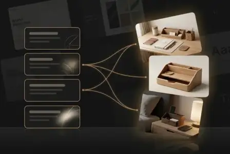 Brand guideline presentation with wooden desk organizers, office accessories, and golden connecting lines on dark background