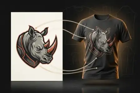 Rhino head logo design on black t-shirt mockup with detailed illustration showing orange and gray color scheme