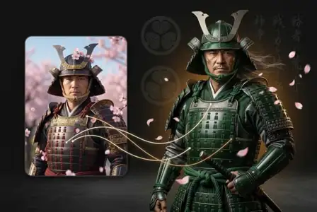 Two samurai warriors in traditional Japanese armor with horned helmets, one in red and one in green, surrounded by cherry blossom petals